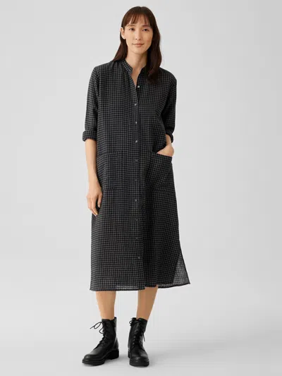 Eileen Fisher Wool Cotton Check Mandarin Collar Shirtdress In Black