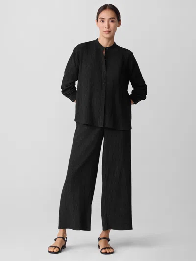 Eileen Fisher Woven Plisse Band Collar Shirt In Black