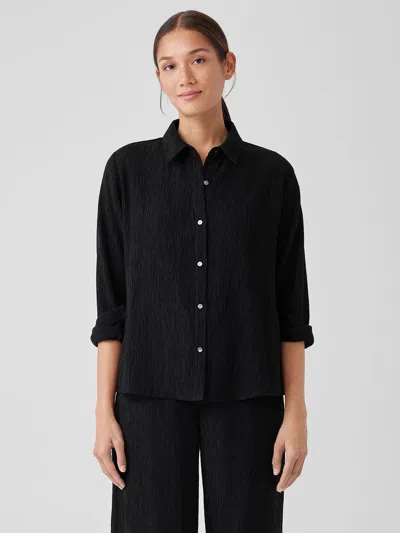 Eileen Fisher Woven Plisse Classic Collar Shirt In Black