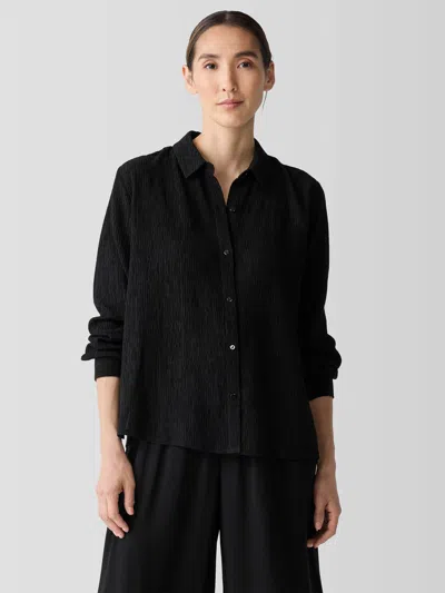 Eileen Fisher Woven Plisse Classic Collar Shirt In Black
