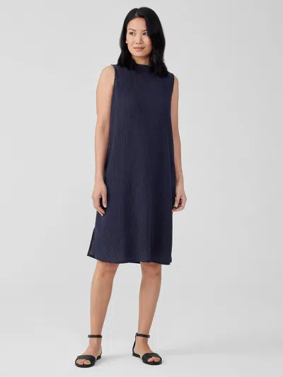 Eileen Fisher Woven Plisse Mock Neck Dress In Black