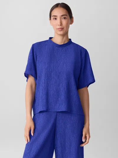 Eileen Fisher Woven Plisse Mock Neck Top In Blue