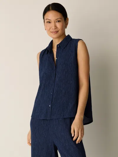 Eileen Fisher Woven Plisse Sleeveless Shirt In Deep Dive