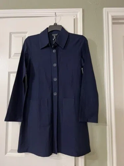 Pre-owned Eileen Fisher Xs  Midnight Washable Stretch Crepe Classic Collar Long Jacket