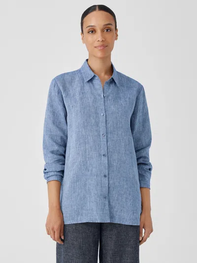 Eileen Fisher Yarn-dyed Handkerchief Organic Linen Shirt In Blue