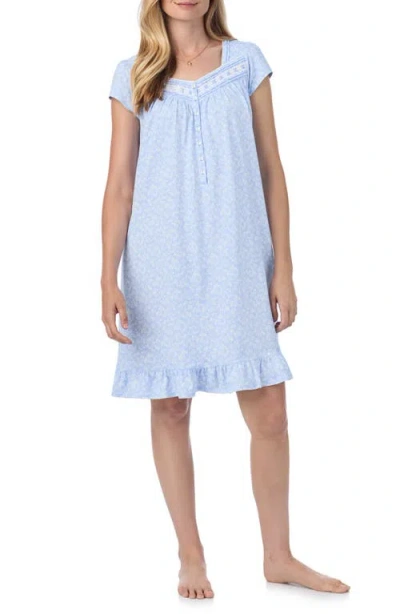 Eileen West Cap Sleeve Cotton Short Nightgown In Aqua Print