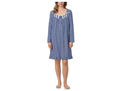 Eileen West Cotton Knit Long Sleeve Short Nightgown In Blue