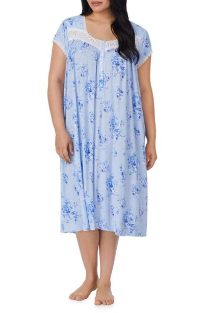 Eileen West Floral Cap Sleeve Jersey Nightgown In Blue Print