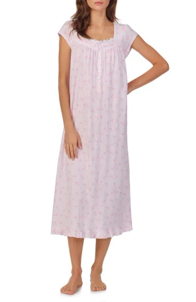 Eileen West Floral Cap Sleeve Long Cotton Jersey Nightgown In Pink/prt