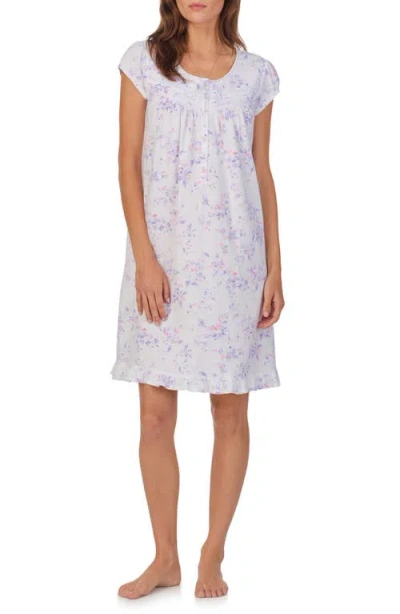 Eileen West Floral Cap Sleeve Short Cotton Jersey Nightgown In White Lilac