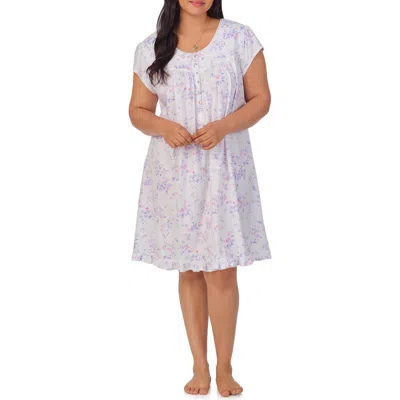 Eileen West Floral Cap Sleeve Short Cotton Jersey Nightgown In White Lilac