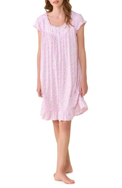 Eileen West Floral Cap Sleeve Short Cotton Jersey Nightgown In Pink