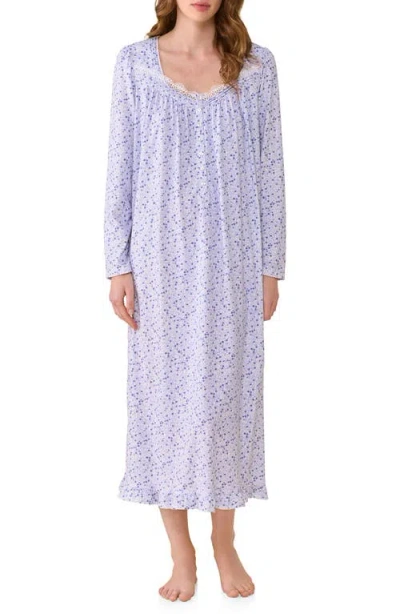 Eileen West Floral Lace Trim Long Sleeve Nightgown In Blue
