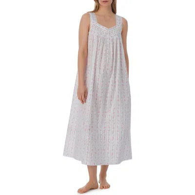 Eileen West Floral Sleeveless Cotton Ballet Nightgown In White Floral Stripe