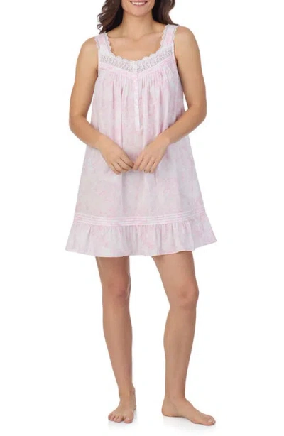Eileen West Floral Sleeveless Short Cotton Lawn Nightgown In White/pink