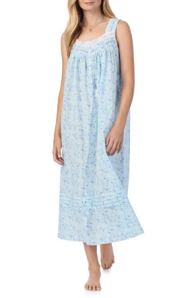 Eileen West Lace Trim Sleeveless Cotton Ballet Nightgown In Aqua/print