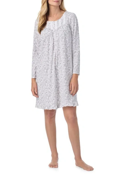 Eileen West Long Sleeve Cotton Jersey Short Nightgown In White Floral