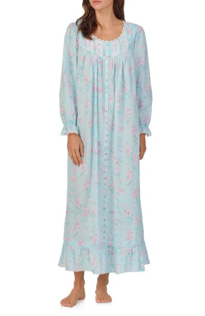 Eileen West Long Sleeve Cotton Lawn Ballet Nightgown In Aqua/prt