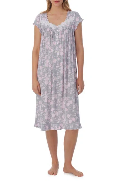 Eileen West Waltz Floral Cap Sleeve Nightgown In Grey/pink Floral