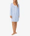 Eileen West Long Sleeve Short Nightgown In White,blue Print