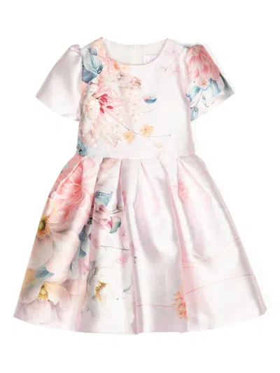 Eirene Kids' Floral-print Pleated Satin Dress In Pink