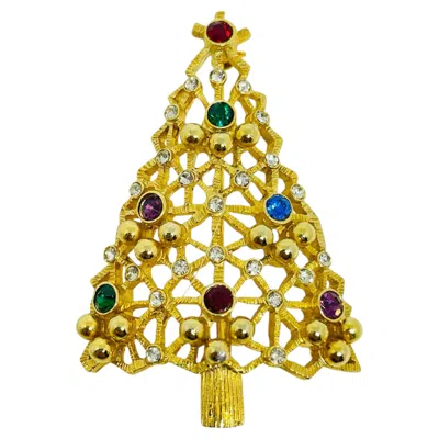 Pre-owned Eisenberg E Signed Vintage Gold Tone Rhinestones Christmas Tree Designer Brooch In Multi