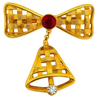 Pre-owned Eisenberg Ice Signed Vintage Gold Tone Rhinestones Bow Bell Designer Brooch In Multi