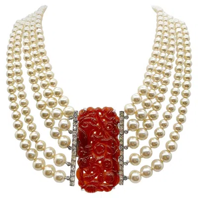 Pre-owned Eisenberg Vintage  & Sons Carnelian Carved Plaque & Pearl Collar 1940s In Multi