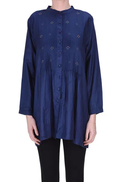 Eka Embroidered Silk Blouse In Navy Blue