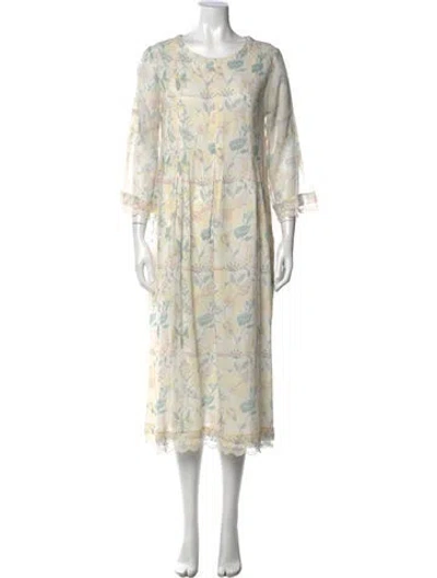 Pre-owned Eka Floral Print Midi Length Dress In White