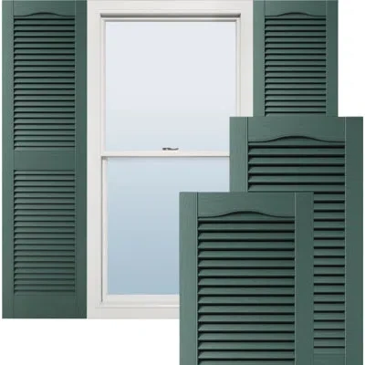 Ekena Millwork Lifetime Vinyl, Tailormade Cathedral Top Center Mullion, Open Louver Shutters In Forest Green