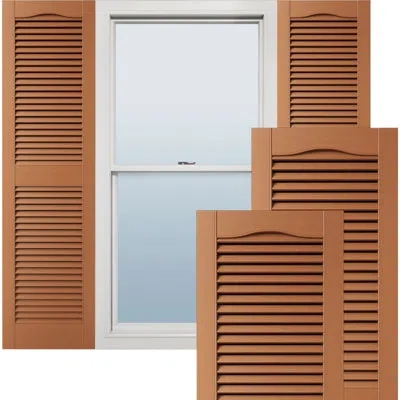 Ekena Millwork Lifetime Vinyl, Tailormade Cathedral Top Center Mullion, Open Louver Shutters, W/shutter-loks (per P In Treated Cedar