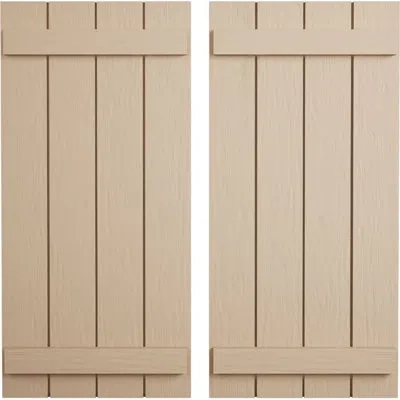 Ekena Millwork Rustic Four Board Joined Board-n-batten Faux Wood Shutters (per Pair) In Rough Sawn Texture,primed Tan