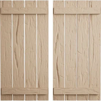 Ekena Millwork Rustic Four Board Spaced Board-n-batten Faux Wood Shutters (per Pair) In Hand Hewn Texture,primed Tan