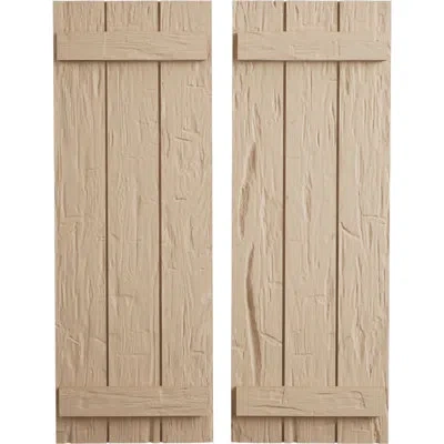 Ekena Millwork Rustic Three Board Joined Board-n-batten Faux Wood Shutters (per Pair) In Hand Hewn Texture,primed Tan