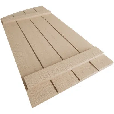 Ekena Millwork Timberthane Four Board Joined Board-n-batten W/elliptical Top Faux Wood Shutters (per Pair) In Rough Cedar Texture,primed Tan