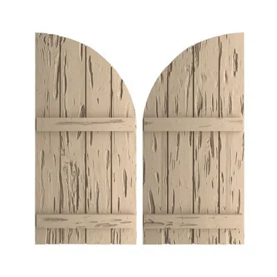 Ekena Millwork Timberthane Four Board Joined Board-n-batten W/quarter Round Arch Top Faux Wood Shutters In Hand Hewn Texture,primed Tan