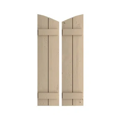 Ekena Millwork Timberthane Joined Board-n-batten W/elliptical Top Faux Wood Shutters In Knotty Pine Texture,primed Tan