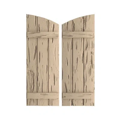 Ekena Millwork Timberthane Joined Board-n-batten W/elliptical Top Faux Wood Shutters In Pecky Cypress Texture,primed Tan
