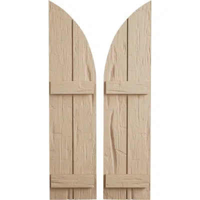 Ekena Millwork Timberthane Two Board Joined Board-n-batten W/quarter Round Arch Top Faux Wood Shutters In Brown
