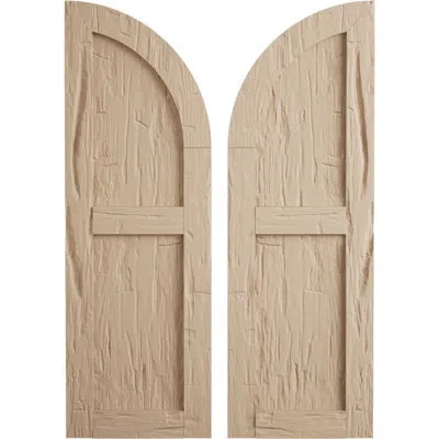Ekena Millwork Timberthane Two Equal Flat Panel W/quarter Round Arch Top Faux Wood Shutters (per Pair) In Hand Hewn Texture (primed Tan)