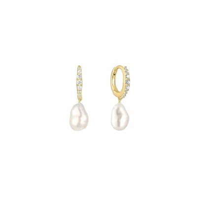 Eklexic Women's Cz Huggie Hoops With Pearl Drop Earrings In 14k Gold Plated Sterling Silver