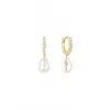 Eklexic Women's Cz Huggie Hoops With Pearl Drop Earrings In 14k Gold Vermeil In Multi