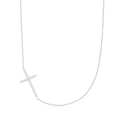 Eklexic Women's Horizontal Cubic Zirconia Cross Necklace In Rhodium Plated Sterling Silver In Multi