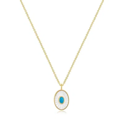 Eklexic Women's Oval Shaped Mop Pendant With Turquoise Stone Necklace In 14k Gold Plated Sterling Silver In Multi