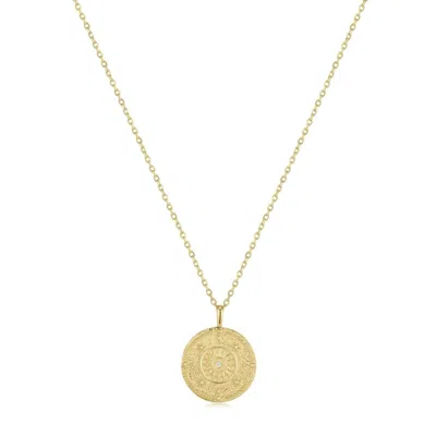 Eklexic Women's Round Sun Pendant With Cubic Zirconia Center Stone Necklace In 14k Gold Plated Sterling Silv