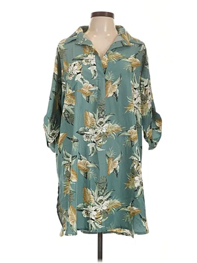 Pre-owned Ekouaer 3/4 Sleeve Button Down Shirt In Teal