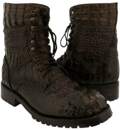 Pre-owned El Presidente Mens Brown Motorcycle Combat Boots Biker Exotic Alligator Skin Lace Up Botas