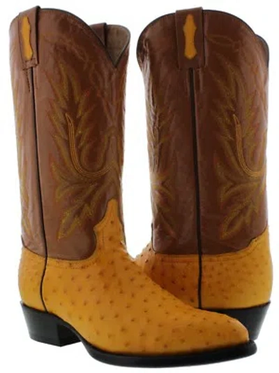 Pre-owned El Presidente Mens Genuine Ostrich Quill Skin Leather Cowboy Boots Rodeo J Toe Buttercup Botas In Yellow