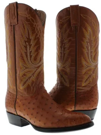 Pre-owned El Presidente Mens Cognac Real Ostrich Skin Leather Western Cowboy Boots J Toe In Brown